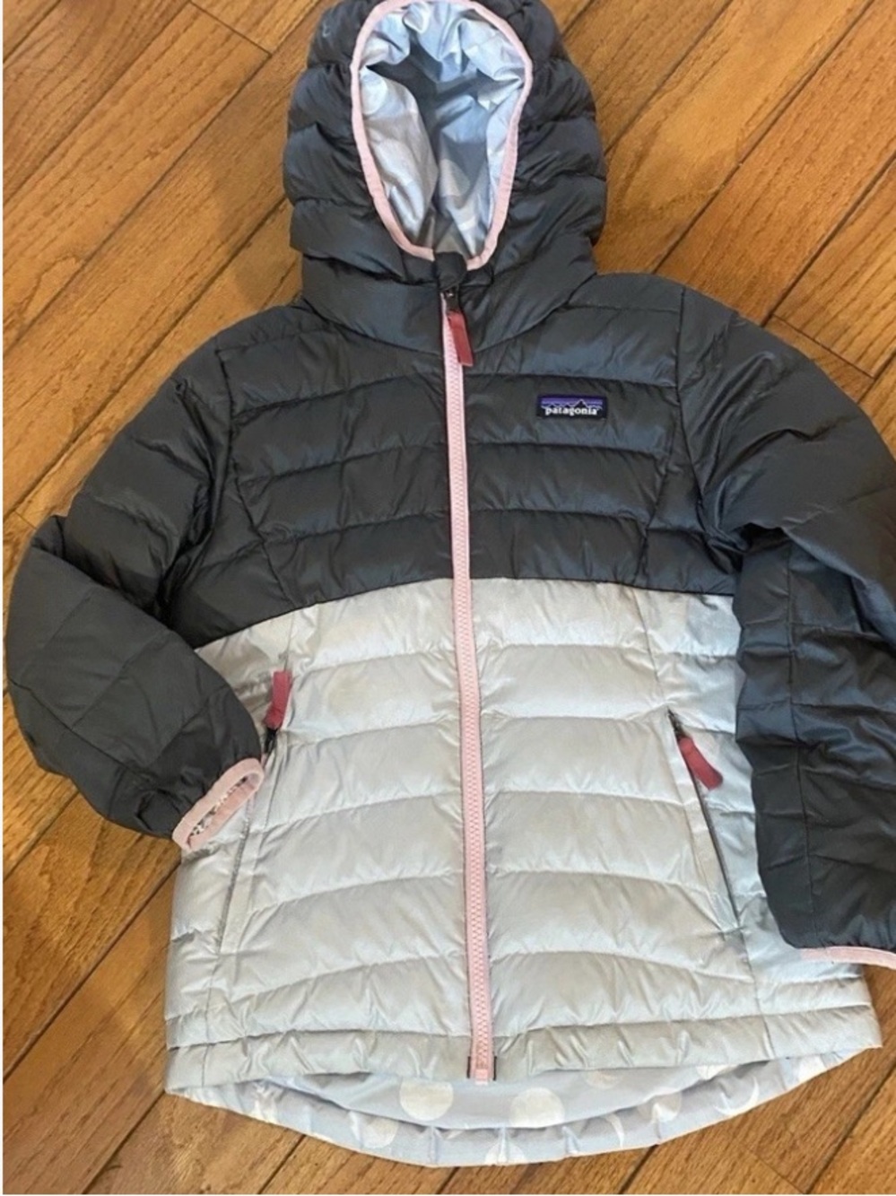 Patagonia reversible down sweater hoody jacket girls large 12 two tone grey moon